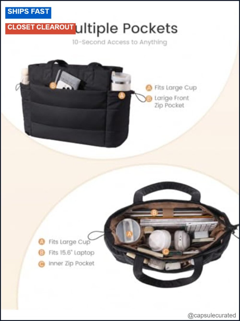 Ultralight Puffer Tote Bag with Laptop Pocket and Tumbler Holder - Picture 2 of 6